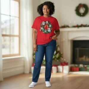 Holiday Time Tee Shirt Women's XL Red Cotton Blend Christmas Cat Wreath Holiday